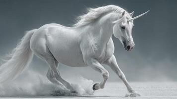 Majestic white unicorn galloping gracefully through misty landscape at dawn, embodying elegance and fantasy photo