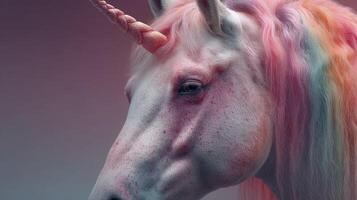 Stunning unicorn with colorful mane and horn illuminated against a soft pastel background showcasing a whimsical fantasy element photo