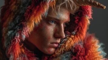 Creative portrait of a young individual in an elaborate costume with colorful textures and unique makeup photo