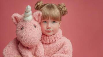 Young girl with pink unicorn plush toy in cozy sweater against a textured pink background photo