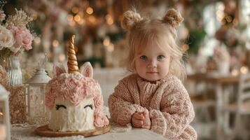 Cute girl enjoying a unicorn themed birthday celebration with a cake in a beautifully decorated venue photo