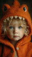 Child wearing a cozy orange dinosaur hoodie with a serious expression, showcasing curly hair and striking blue eyes photo