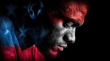 Portrait of a man with an artistic depiction of the American flag, reflecting determination and strength photo