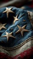 Detailed close-up of an American flag showing intricate embroidery and rich textures photo