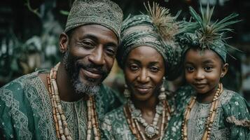 Family celebration in traditional attire with cultural significance in a lush outdoor setting photo