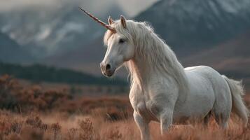 Majestic unicorn standing in a tranquil meadow with mountains in the background during late afternoon light photo