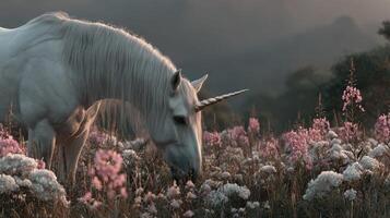 Majestic unicorn grazing in a flower-filled meadow during twilight in a serene natural landscape photo