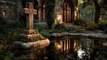 Cross stands near tranquil pond beside ancient stone building surrounded by lush greenery in the golden hour photo