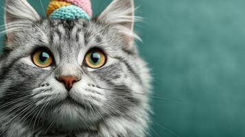 Fluffy gray cat wearing a colorful knitted hat sits against a soft teal background capturing playful curiosity photo