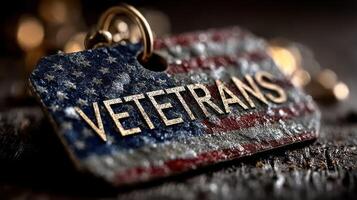 Veterans tribute with a weathered tag featuring the American flag, symbolizing honor and remembrance for military service photo