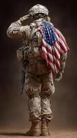 Soldier paying tribute with American flag draped over shoulders in solemn salute at sunset in a desert setting photo