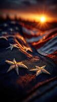 Sunrise illuminating American flag with droplets at a patriotic outdoor setting photo