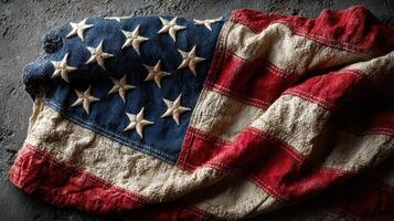 Worn American flag draped on textured surface showing historical significance and patriotism photo