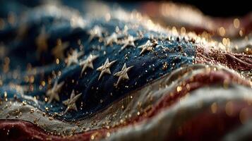 American flag draped with sparkling droplets during a celebration event in the evening light photo
