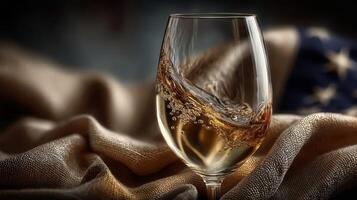 Glass of sparkling wine is swirled gently on a textured beige fabric backdrop with a hint of an American flag in the background photo