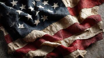 Old American flag draped on a textured surface showcasing its vintage and worn appearance photo