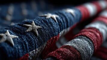 Close-up view of American flag details showcasing fabric texture and stars in vibrant colors photo
