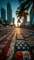 Colorful street view with American flag design on pavement near tall buildings under sunset in urban setting photo