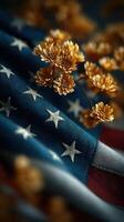 Golden flowers contrast with American flag in reflective composition showcasing patriotism and nature photo