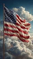 Waving American flag against a backdrop of dramatic clouds at sunset photo