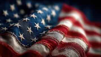 American flag waving gently under soft light, showcasing vibrant colors and intricate fabric details photo