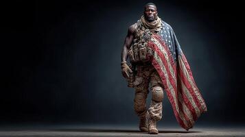 Soldier carrying American flag walks confidently in a dark studio setting showcasing strength and patriotism photo