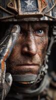 Soldier in combat gear salutes with determination, showing resilience and focus amidst a muddy environment photo