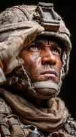 Soldier saluting with determination at sunset, showcasing resilience and bravery in military uniform photo