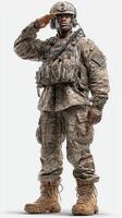 Soldier saluting with military uniform in camouflage standing at attention during training exercise photo