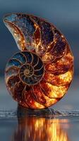 Intricate golden nautilus shell glows with cosmic stars beside tranquil water at dusk photo