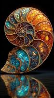 Colorful ornate nautilus shell showcasing intricate patterns and reflections in a dark setting during evening hours photo