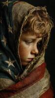 Child wrapped in a flag, evoking emotions of patriotism and nostalgia in a close-up portrait photo