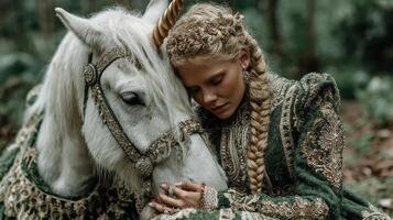 Young girl in ornate gown embraces a white unicorn in a tranquil forest during soft afternoon light photo