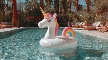 Inflatable unicorn float in a vibrant pool surrounded by palm trees on a sunny day photo