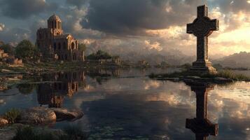 Ancient stone church by the lake with a Celtic cross at sunset in a mountain landscape photo