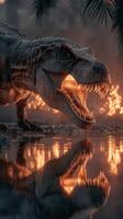 Dinosaur roars at sunset near a reflective water source in a prehistoric setting photo