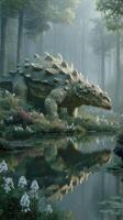Majestic dinosaur roaming a misty forest near a tranquil pond at dawn photo