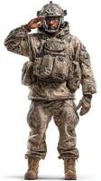 Military soldier in camouflage uniform saluting during training exercise at dawn in a desert environment photo
