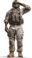 Soldier in military uniform saluting with dedication in a neutral setting during day photo