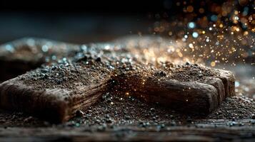 Wooden surface covered in dust with sparkling particles illuminated in soft light during a quiet afternoon photo