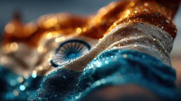 Beautifully textured Indian flag featuring orange, white, and green colors with intricate details sparkling in natural light at a vibrant celebration photo