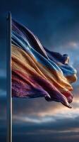 Colorful flag waving against a dramatic sky during sunset in a peaceful setting photo