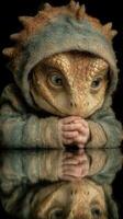 Creature with reptilian features wearing a hoodie silently sits, reflecting on a dark surface during a whimsical fantasy scene photo