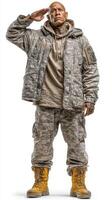 Military veteran salutes while wearing camouflage uniform and boots in a studio setting during a portrait session photo
