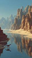 Dinosaur walking along a tranquil river in a surreal landscape with rocky formations during a clear day photo