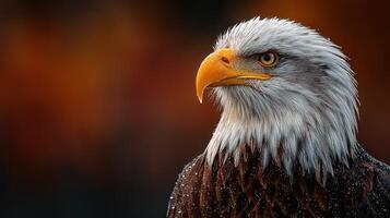 Majestic bald eagle perched against a warm autumn backdrop in the early morning light photo