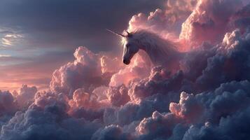 Enchanting unicorn emerges from ethereal clouds at sunset over a dreamy sky photo