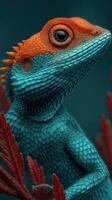 Vibrant lizard with striking blue and orange colors among lush vegetation in a tropical habitat during daylight photo