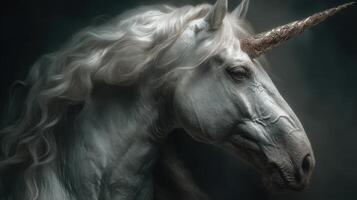 Majestic white unicorn with flowing mane and golden horn in a mystical dark forest setting photo