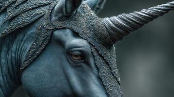 Majestic blue unicorn adorned with intricate armor standing in a mystical forest setting during twilight photo